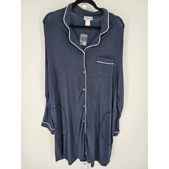 Feel Good Store Women Long Sleeve Navy Pocket Collared V-neck Sleepwear Size 0XL - Picture 1 of 4